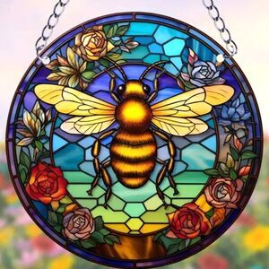 Colorful stained glass bee window suncatcher art decor